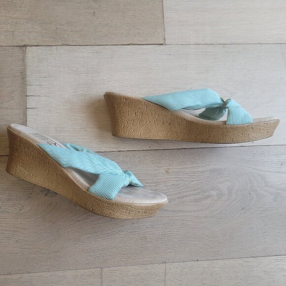 EUC Island Slipper US 9 Suede Footbed Gold Band Mint Stripe Wedges Made in Oahu - Picture 5 of 6